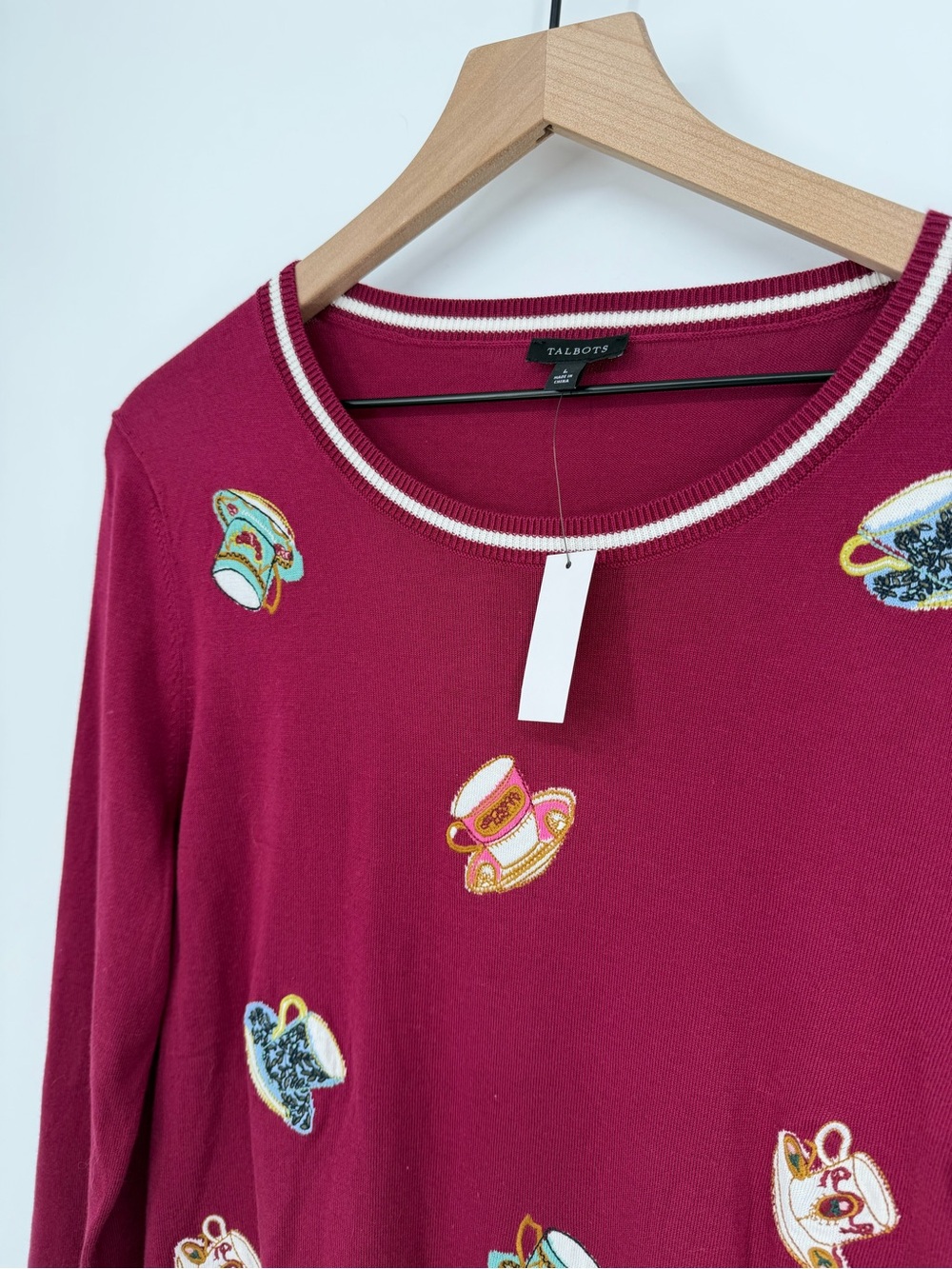 Talbots Teacup Sweater Women L NWT Magenta Embroidered Novelty Knit Preppy Twee - Picture 3 of 10